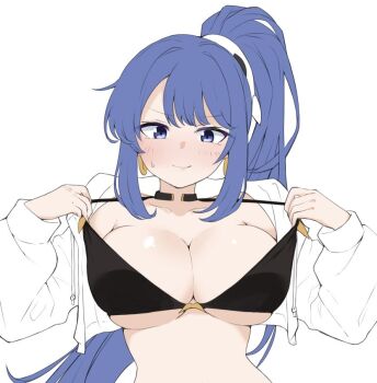 1girl bikini bikini_pull bikini_top_lift bikini_top_pull black_bikini blue_eyes blue_hair blush breasts cleavage clothes_lift clothes_pull collarbone commentary_request cropped_jacket earrings front-tie_top heka=ton high_ponytail high_side_ponytail holding hood hooded_jacket hoop_earrings jacket jewelry large_breasts lifting_own_clothes light_blush light_smile long_hair looking_at_viewer midriff open_clothes open_jacket original ponytail pulling_own_clothes simple_background smile solo strap_pull string_bikini sweatdrop swept_bangs swimsuit underboob unfinished very_long_hair white_background