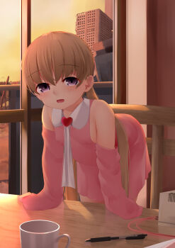 1girl arm_support bare_shoulders blush brooch brown_hair chair commentary_request covered_erect_nipples cup detached_sleeves dress hair_between_eyes heart heart_brooch highres jewelry leaning_forward loli looking_at_viewer mug ne_an_ito open_mouth pen pink_dress pink_sleeves purple_eyes sky sleeves_past_fingers sleeves_past_wrists solo table tsukuyomi_ai twintails voiceroid window yellow_background