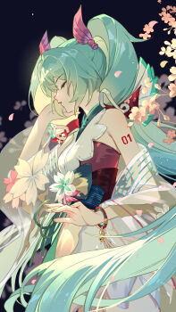 1girl absurdres arm_tattoo breasts cherry_blossoms closed_eyes dress falling_petals flower green_hair green_nails hatsune_miku highres long_hair medium_breasts number_tattoo onmyouji parted_lips petals pink_petals sleeveless sleeveless_dress solo tattoo twintails very_long_hair vocaloid white_dress white_flower zhazhaen