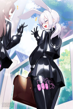 +++ 2girls :d absurdres animal_ears bag bodysuit brown_hair change_in_common_sense closed_eyes highres impossible_bodysuit impossible_clothes latex latex_bodysuit latex_serafuku latex_shirt latex_skirt low_ponytail maguro27 multiple_girls open_mouth original padlock_symbol panties ponytail pussy_juice rabbit_ears school_bag sex_toy shiny_clothes skin_tight smile teeth underwear upper_teeth_only vibrator vibrator_in_thigh_strap vibrator_under_clothes vibrator_under_panties waving white_hair