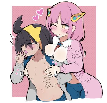 1boy 1girl absurdres age_difference black_hair breasts cardigan closed_eyes commentary_request eyes_visible_through_hair grey_cardigan hairband heart heart-shaped_pupils hetero highres impossible_clothes impossible_shirt kieran_(pokemon) lacey_(pokemon) medium_breasts mole mole_on_neck navel nintendo nipple_rub nipple_stimulation one_eye_closed onee-shota open_clothes open_shirt pink_cardigan pink_hair pokemon pokemon_sv raised_inner_eyebrows shirt sweat symbol-shaped_pupils tears white-stew yellow_eyes yellow_hairband