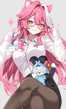1girl :3 absurdres alternate_costume animal_ears black_skirt center-flap_bangs chattino_(raora_panthera) closed_mouth collared_shirt commentary crossed_legs double-parted_bangs dress_shirt extra_ears glasses grey_background hair_intakes hands_up highres hololive hololive_english id_card lanyard long_hair long_sleeves looking_at_viewer miniskirt mogu_(au1127) nail_polish office_lady panther_ears panther_girl panther_tail pencil_skirt pink_hair pink_nails raora_panthera red-framed_eyewear semi-rimless_eyewear shirt shirt_tucked_in sidelocks simple_background skirt solo tail very_long_hair virtual_youtuber white_shirt white_streaks yellow_eyes