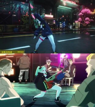 1boy 20s 2girls 3d 6+boys aiming animated aqua_hair attack audible_speech black_jacket breasts colored_sclera comparison cyberpunk:_edgerunners cyberpunk_(series) full_body grin gun hand_in_pocket holding holding_gun holding_weapon jacket jumping logo long_hair looking_at_another multiple_boys multiple_girls official_art outdoors rebecca_(cyberpunk) red_sclera rifle ryona smile sound tagme trigger_(company) twintails video violence walking weapon wuthering_waves