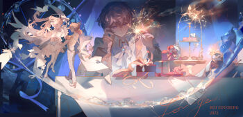 1boy 1girl ascot blonde_hair blue_eyes cake dancing dress english_text fireworks flower food formal_clothes hair_between_eyes halo highres holding holding_fireworks jewelry liulianjingrua long_hair long_sleeves male_focus multiple_views original roi_(virtuareal) shirt short_hair sitting suit table white_ascot white_dress