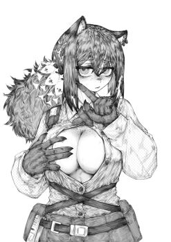 1girl absurdres animal_ears animal_hands arknights bags_under_eyes black_cross_tie breasts cleavage collared_shirt commentary_request cross_tie freckles hair_between_eyes highres large_breasts long_hair looking_at_viewer open_clothes open_shirt ponytail raccoon_ears raccoon_girl robin_(arknights) shirt shorts simple_background solo xingyun_mantle