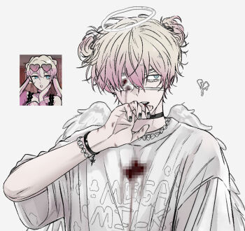 Rule 34 | 1boy, angel, angel (killer chat), bandages, blonde hair, blood, blood on clothes, bloody bandages, censored, choker, colored tips, commentary, covering own mouth, double bun, eyepatch, feathered wings, genderswap, genderswap (ftm), gradient hair, hair bun, halo, hand up, hashtag-only commentary, jewelry, killer chat!, looking to the side, male focus, medical eyepatch, mini wings, mosaic censoring, multicolored hair, necklace, one eye covered, pink hair, reference inset, scar, scar on hand, shirt, short hair, sixxmode, solo, t-shirt, tooth necklace, untranslatable commentary, white shirt, white wings, wings