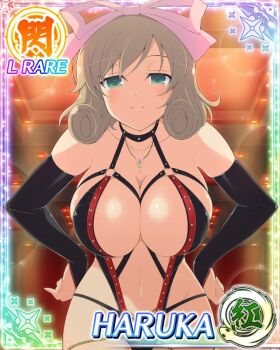 1girl black_bridal_gauntlets black_slingshot_swimsuit border bow breasts bridal_gauntlets brown_hair card_(medium) character_name cleavage curled_ends game_cg green_eyes hair_bow haruka_(senran_kagura) indoors jewelry large_breasts leaning_forward looking_at_viewer medium_hair navel necklace o-ring o-ring_swimsuit official_art pink_bow senran_kagura senran_kagura_new_wave slingshot_swimsuit smile solo swept_bangs swimsuit third-party_source