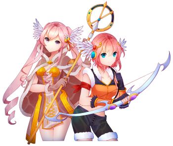 Rule 34 | 2girls, arcelle, bell, black gloves, black shirt, black shorts, blue eyes, bow (weapon), breasts, brown cape, brown dress, brown gloves, brown shirt, cape, closed mouth, commentary, commission, cowboy shot, crop top, dress, english commentary, feathered wings, fingerless gloves, fur-trimmed cape, fur-trimmed gloves, fur-trimmed shirt, fur-trimmed shorts, fur trim, gloves, hair bell, hair ornament, head wings, high wizard (ragnarok online), highres, holding, holding bow (weapon), holding staff, holding weapon, jingle bell, long hair, looking at viewer, medium breasts, midriff, multiple girls, pink hair, purple eyes, ragnarok online, shirt, short dress, shorts, simple background, sleeveless, sleeveless shirt, small breasts, sniper (ragnarok online), staff, transparent background, twintails, two-tone gloves, two-tone shirt, weapon, white wings, wings