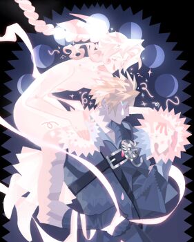 1boy 1girl aerith_gainsborough armor barefoot black_border black_gloves black_vest blonde_hair blue_eyes border braid braided_ponytail breasts chest_strap closed_eyes cloud_strife dress fenrir_(final_fantasy) final_fantasy final_fantasy_vii final_fantasy_vii_advent_children full_body gloves glowing_hands grey_background hair_between_eyes hair_ribbon hand_on_another&#039;s_shoulder hetero highres jaysoysaucee long_dress long_hair medium_breasts moon_phases parted_bangs pauldrons pink_ribbon ribbon short_hair shoulder_armor sidelocks single_bare_shoulder single_braid single_pauldron sleeveless sleeveless_dress sparkle spiked_hair spirit tears upper_body vest