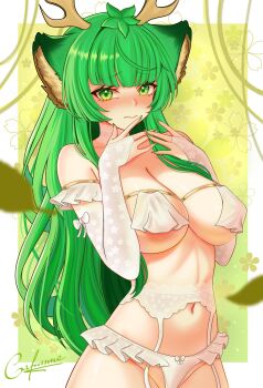 1girl absurdres animal_ear_fluff animal_ears antlers areola_slip blush breast_curtains breasts bridal_gauntlets closed_mouth curvy deer_ears detached_sleeves embarrassed floral_background garter_belt garter_straps gileanne green_eyes green_hair green_nails haruka_karibu highres horns indie_virtual_youtuber large_breasts leaf long_hair looking_at_viewer navel panties reindeer_antlers reindeer_girl shy thighs underboob underwear virtual_youtuber white_panties