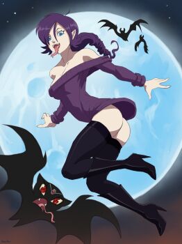 1girl artist_name ass bare_shoulders bat_(animal) black_boots black_thighhighs blue_eyes boots breasts drill_hair fangs forked_tongue full_moon high_heel_boots high_heels highres long_tongue looking_at_viewer medium_breasts moon night original pointy_ears purple_hair purple_sweater roxyrex sharp_teeth solo sweater teeth thighhighs tongue vampire zone-tan