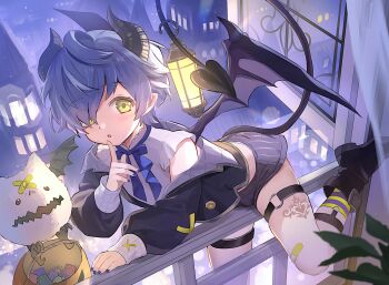 1boy black_boots boots cocolo_(co_co_lo) demon_boy demon_horns demon_tail demon_wings halloween halloween_bucket highres horns lantern legwear_garter long_sleeves looking_at_viewer male_focus off_shoulder original short_hair short_shorts shorts shota socks striped_clothes striped_socks tail thigh_strap window wings yellow_eyes