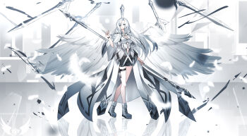 1girl absurdres angel bare_legs barefoot black_shorts blue_eyes blue_nails breasts cape capelet cleavage clothing_cutout coat collared_shirt commentary_request commission feathered_wings feathers floating floating_object floating_weapon highres holding holding_polearm holding_weapon hood hood_down hooded_capelet laura_(heilingsuyue_feiya) long_hair medium_breasts navel original polearm second-party_source shirt shoes shorts soles solo thigh_strap toes weapon white_cape white_capelet white_coat white_hair white_shirt white_shoes white_wings wide_sleeves wings ymyz