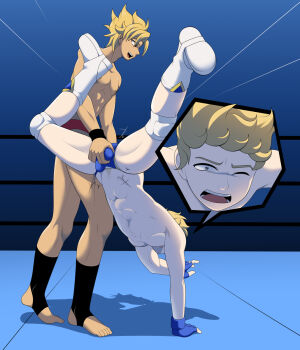 Rule 34 | 2boys, ball busting, cutiemoan, fingerless gloves, gloves, handstand, highres, multiple boys, multiple views, squeezing testicles, testicles, wrestling, wrestling ring