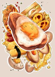 Rule 34 | absurdres, bread, bread slice, egg, egg (food), food, food focus, fried egg, fried rice, gudetama, highres, ketchup, mothman1930, no humans, omelet, omurice, rice, sandwich, sanrio, softboiled egg, toast