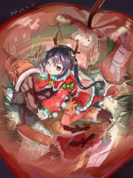 1girl ;) absurdres antlers apple bell black_hair box capelet chinese_commentary christmas christmas_lights christmas_ornaments commentary_request dated dress electric_guitar fake_antlers food fruit fur-trimmed_capelet fur_trim gift gift_box guitar hand_on_own_cheek hand_on_own_face highres horns inset instrument jingle_bell k-on! long_hair long_sleeves nakano_azusa one_eye_closed orange_eyes pantyhose puffy_long_sleeves puffy_sleeves red_capelet red_pantyhose reindeer reindeer_antlers santa_costume santa_dress sitting smile solo twintails user_adpn2522 v wariza