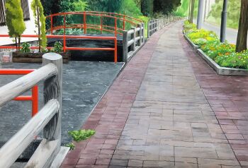 Rule 34 | commentary, flower, harusa1107, highres, moss, no humans, orange flower, original, outdoors, painting (medium), plant, railing, road, sapling, scenery, untranslatable commentary, tile floor, tiles, traditional media, tree, white flower, yellow flower