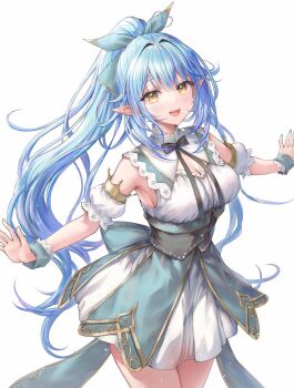 1girl ahoge armpits bare_shoulders blue_hair blush breasts cleavage cowboy_shot dress elf heart heart_ahoge high_ponytail highres hololive large_breasts long_hair mirukurim multicolored_hair pink_hair pointy_ears ponytail simple_background solo streaked_hair two-tone_hair virtual_youtuber white_background white_dress yellow_eyes yukihana_lamy yukihana_lamy_(5th_costume)