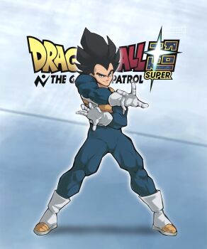 1boy armor bentodraws black_eyes black_hair blue_bodysuit bodysuit boots closed_mouth copyright_name dragon_ball dragon_ball_super full_body gloves highres male_focus medium_hair muscular muscular_male saiyan_armor skin_tight solo spiked_hair vegeta white_armor white_boots white_gloves
