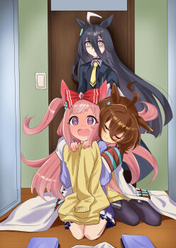 Rule 34 | 3girls, @ @, absurdres, affectionate, agnes digital (umamusume), agnes tachyon (tach-nology) (umamusume), agnes tachyon (umamusume), ahoge, black hair, black jacket, blunt ends, bow, brown eyes, brown hair, chemical structure, closed eyes, commentary, ear ornament, flustered, folded clothes, gakeumi, hair between eyes, hair bow, heads together, highres, holding, holding unworn clothes, hug, hug from behind, indoors, jacket, lab coat, light switch, long hair, long hair between eyes, manhattan cafe (creeping shadow) (umamusume), manhattan cafe (umamusume), multiple girls, necktie, open mouth, parted lips, pink hair, purple eyes, purple shirt, purple skirt, red bow, school uniform, seiza, shaded face, shirt, sitting, skirt, smile, surprised, sweater, test tube, tracen school uniform, two side up, u u, umamusume, winter uniform, wooden door, wooden floor, yellow necktie, yellow sweater, yuri