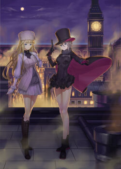 2girls absurdres ange_(princess_principal) ascot black_ascot black_boots black_cape black_dress black_gloves black_hat blonde_hair blue_eyes boots brown_boots brown_hair cape cityscape clock clock_tower commentary_request commission dress full_body fur_hat gloves grey_dress gun handgun hat high_heel_boots high_heels highres holding holding_gun holding_weapon lace-up_boots layered_dress long_hair long_sleeves looking_at_viewer moon multicolored_gloves multiple_girls mytea_(soso) night night_sky papakha pink_cape pink_gloves princess_(princess_principal) princess_principal shirt short_hair skeb_commission sky smile standing top_hat tower two-sided_cape two-sided_fabric two-tone_gloves weapon white_gloves white_shirt window_light