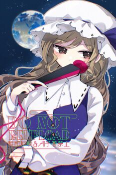 Rule 34 | 1girl, belt, blonde hair, blush, breasts, collared shirt, commentary request, dress, earth (planet), folded fan, folding fan, hand fan, hat, hat ribbon, highres, holding, holding fan, katsuragi atori, large breasts, long hair, long sleeves, looking at viewer, planet, purple dress, purple ribbon, ribbon, shirt, single strap, solo, touhou, twitter username, very long hair, watatsuki no toyohime, watermark, white hat, white shirt, yellow eyes