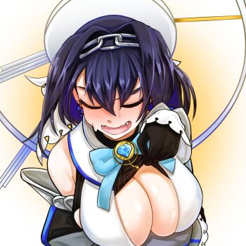 1girl blue_hair breasts cleavage crop_top fangs hololive hololive_english large_breasts marucody ouro_kronii ouro_kronii_(1st_costume) sweat underboob virtual_youtuber