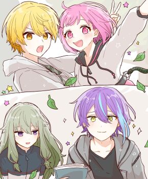 2boys 2girls arm_up asymmetrical_sidelocks black_shirt blonde_hair bob_cut closed_mouth commentary_request drawstring earrings green_hair hair_between_eyes hane_k2 highres hood hood_down hooded_jacket jacket jewelry kamishiro_rui kusanagi_nene layered_clothes leaf long_hair looking_at_viewer low-tied_sidelocks multicolored_hair multiple_boys multiple_girls ootori_emu open_clothes open_jacket open_mouth outstretched_arm pink_eyes pink_hair project_sekai purple_eyes purple_hair shirt short_hair sidelocks smile sparkle split_mouth star_(symbol) streaked_hair stud_earrings teeth tenma_tsukasa two-tone_hair upper_body upper_teeth_only v wonderlands_x_showtime_(project_sekai) yellow_eyes zipper_pull_tab