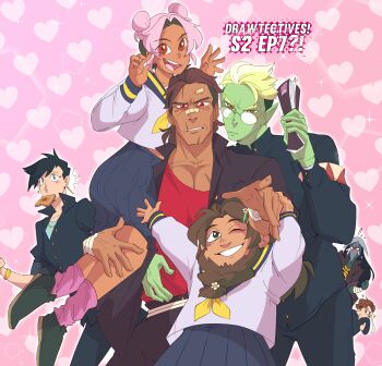 1girl 1other 5boys alternate_universe blush double_bun drawfee drawtectives dwarf eugene_finch glasses grendan_highforge gyorik_rogdul hair_bun highres jacket karina_farek liticus_guysus monster_boy multiple_boys muscular muscular_male optimus_amicus orc rose_(drawtectives) scar school_uniform serafuku teeth upper_teeth_only villainius