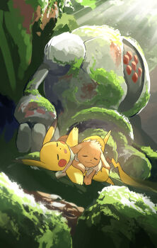 animal_focus bandana bandana_around_neck brown_fur closed_eyes closed_mouth dappled_sunlight eevee full_body gen_1_pokemon gen_3_pokemon highres legendary_pokemon moss nintendo no_humans open_mouth outdoors overgrown pikachu pokemon pokemon_(creature) pokemon_focus red_eyes registeel rock sleeping sunlight tail white_bandana yamaori_(hakkentai_pokedan)