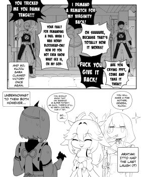 Rule 34 | 2boys, 3girls, absurdres, animal ears, bird mask, braid, breasts, bulge, chibi, cleavage, comic, english text, erection, erection under clothes, fox ears, fox girl, genshin impact, greyscale, guard, hair ornament, highres, japanese clothes, jitome, kujou sara, large breasts, long hair, low-braided long hair, low-tied long hair, mask, mask on head, mole, mole under eye, monochrome, multiple boys, multiple girls, nyantcha, obiage, obijime, profanity, raiden shogun, speech bubble, spot color, wide sleeves, yae miko