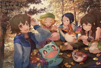 2boys 2girls autumn_leaves beret bianca_(pokemon) black_shirt blonde_hair blouse breasts bulbasaur cheren_(pokemon) cottonee dress flipped_hair gen_1_pokemon gen_5_pokemon green_hat hair_ornament hat hilbert_(pokemon) hilda_(pokemon) leaf leaf_hair_ornament legendary_pokemon liepard long_hair medium_hair melso multiple_boys multiple_girls musharna mythical_pokemon nintendo open_mouth outdoors pokemon pokemon_(creature) pokemon_bw shirt short_hair smile unworn_hat unworn_headwear victini