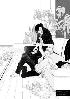 2boys absurdres bag barefoot beer_can boruto:_two_blue_vortex bracelet can commentary_request couch drink_can earrings facial_mark feeding food greyscale highres holding holding_can holding_food ikkiritsu jacket jewelry kawaki_(boruto) male_focus monochrome multicolored_hair multiple_boys naruto_(series) plant plastic_bag potted_plant sitting stud_earrings table two-tone_hair undercut unworn_jacket uzumaki_boruto whisker_markings