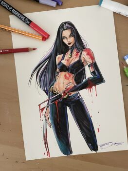 Rule 34 | 1girl, bare shoulders, belt, black bra, black choker, black hair, black lips, black nails, black tank top, blood, blood drip, blood on clothes, bloody weapon, bra, breasts, broad shoulders, choker, claw (weapon), claws, cleavage, giada belviso, gold belt, highres, laura kinney, leather, leather pants, long hair, looking at viewer, marvel, midriff, navel, pants, photo (medium), scar, scars all over, smile, solo, tank top, too many, traditional media, underwear, weapon, x-23, x-men