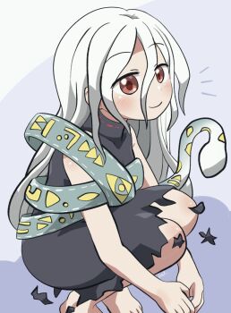 1girl bare_arms bare_shoulders barefoot black_dress blush closed_mouth commentary_request double-parted_bangs dress full_body hair_between_eyes highres long_hair long_hair_between_eyes red_eyes rokugou_daisuke signature sleeveless sleeveless_dress smile snake solo squatting touhou white_hair yuiman_asama