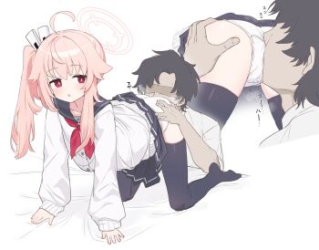 1boy 1girl :&lt; ahoge all_fours anba_kohaku ass black_hair black_sailor_collar black_skirt black_thighhighs blue_archive blush bright_pupils cardigan commentary_request face_in_ass faceless faceless_male grabbing_another&#039;s_ass groping halo long_hair long_sleeves natsu_(blue_archive) neckerchief open_mouth panties pink_hair pink_halo pleated_skirt red_eyes red_neckerchief sailor_collar short_hair side_ponytail skirt smelling smelling_ass steaming_body thighhighs underwear white_cardigan white_panties white_pupils