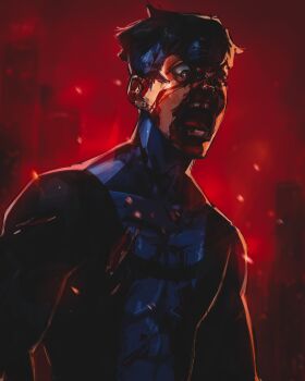 Rule 34 | 1boy, absurdres, angry, black eyes, black hair, blood, blood on clothes, blood on face, blue bodysuit, bodysuit, bruise, bruise on face, bruised eye, commentary, embers, english commentary, furious, highres, injury, invincible (character), invincible (series), looking down, male focus, mark grayson, multicolored bodysuit, muscular, muscular male, open mouth, outdoors, red background, short hair, solo, superhero costume, titanartx, two-tone bodysuit, uneven eyes, upper body, very short hair