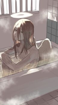 029tintin 1boy angel angel_devil_(chainsaw_man) angel_wings chainsaw_man hair_between_eyes halo heco_inu highres in_bathtub knees_up long_hair looking_at_viewer male_focus nude partially_submerged solo traditional_halo white_wings wings