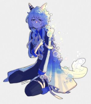 Rule 34 | 1girl, animal ears, blue eyes, blue hair, blue jacket, blue pants, blue shirt, blush, bow, bubble, closed mouth, commentary request, crying, dissolving, ear covers, gloves, gradient coat, hair between eyes, half gloves, highres, horse ears, horse girl, horse tail, jacket, k.s.miracle (prism) (umamusume), k.s.miracle (umamusume), long sleeves, looking at viewer, pants, saramiao-chan, seiza, shirt, short hair, simple background, sitting, smile, solo, tail, tears, umamusume, white bow, white gloves