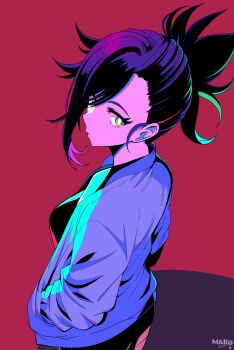 1girl absurdres asymmetrical_bangs blue_jacket breasts bright_pupils closed_mouth commentary commentary_request cowboy_shot earrings english_commentary from_side green_eyes hands_in_pockets highres jacket jewelry kurimako long_sleeves looking_at_viewer medium_breasts mixed-language_commentary open_clothes open_jacket original purple_hair red_background short_hair solo stud_earrings textless_version white_pupils