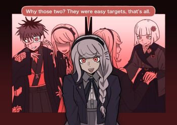 alternate_eye_color box_of_calamity_(hundred_line) braid commentary english_commentary english_text g'ie_(hundred_line) haro4869 headband kirifuji_nozomi light_smile limited_palette looking_at_viewer no_eyes omokage_yugamu oosuzuki_kurara possessed red_eyes side_braid spoilers the_hundred_line_-last_defense_academy- white_hair