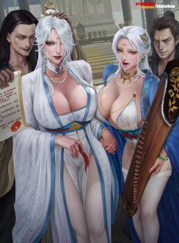 2boys 2girls blue_kimono bracelet braid breasts church_interior cleavage defeat detached_collar facial_mark fanbox_username forehead_mark goatwillow hair_over_one_eye highres holding holding_instrument holding_paper human_trafficking indoors instrument japanese_clothes japanese_text jewelry kimono large_breasts long_hair multiple_boys multiple_girls necklace obi original paper patreon_username red_eyes revealing_clothes sash slave sweat thighhighs tiara white_hair white_kimono white_thighhighs