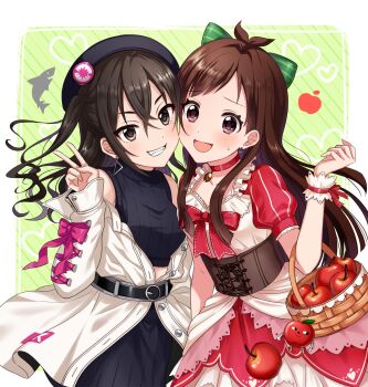 Rule 34 | 2girls, apple, arm up, basket, belt, beret, black belt, black hat, black skirt, black sweater, blush, bow, brown eyes, brown hair, cheek-to-cheek, choker, clothes writing, collarbone, dress, earrings, elbow carry, food, fruit, green bow, hair between eyes, hair bow, hat, heads together, heart, heart earrings, highres, holding, holding basket, idolmaster, idolmaster cinderella girls, jacket, jewelry, long hair, long sleeves, looking at viewer, mask, migaku1783, mole, mole under eye, mouth mask, multiple girls, neck ribbon, off shoulder, open mouth, pendant, puffy short sleeves, puffy sleeves, purple eyes, red choker, red ribbon, ribbed sweater, ribbon, sharp teeth, short sleeves, skirt, sleeveless, sleeveless sweater, striped bow, sunazuka akira, sweater, teeth, triangle earrings, tsujino akari, v, white jacket, wrist cuffs