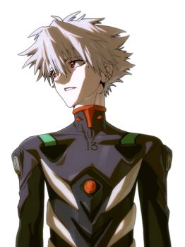 1boy commentary_request grey_hair highres korean_commentary looking_to_the_side male_focus mecha_pilot_suit nagisa_kaworu neon_genesis_evangelion parted_lips plugsuit_(evangelion) red_eyes short_hair simple_background solo teeth toothfrog upper_body white_background