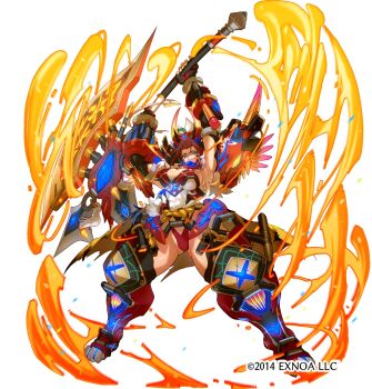 1girl armor armpits axe black_gloves breasts brown_hair cleavage commentary_request copyright_notice covered_abs fingerless_gloves fire gloves green_eyes highres holding holding_axe holding_weapon large_breasts leg_armor mole mole_on_breast oshiro_project:re solo takeda_shingen_(oshiro_project) weapon z-ton