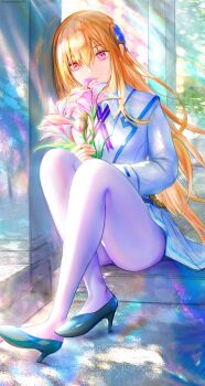 1girl absurdres black_shoes blonde_hair closed_mouth commentary_request crossed_ankles day eyelashes floating_hair flower full_body hair_between_eyes heaven_burns_red high_heels highres holding holding_flower knees_up light_smile long_hair long_sleeves miniskirt oyama_sou pantyhose pink_eyes pink_flower pleated_skirt reflection shirakawa_yuina shirt shoes sidelighting sitting sitting_on_stairs skirt solo stairs sunlight thighs very_long_hair white_pantyhose white_shirt white_skirt