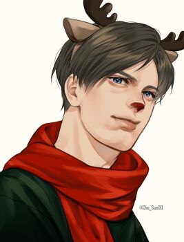 1boy animal_costume animal_ear_hairband animal_ears antlers blue_eyes brown_hair brown_hairband che_sue00 christmas commentary english_commentary fake_animal_ears fake_antlers green_shirt hairband highres horns leon_s._kennedy light_smile male_focus parted_bangs red_nose red_scarf reindeer_antlers reindeer_costume resident_evil scarf shirt short_hair solo twitter_username upper_body white_background