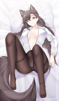 1girl absurdres alternate_costume animal_ears arknights bed_sheet black_pantyhose breasts brown_hair brown_tail casual cleavage closed_mouth collarbone collared_shirt commentary covered_erect_nipples dated_commentary english_commentary extra_ears feet hair_between_eyes head_on_pillow highres large_breasts light_frown long_hair long_sleeves looking_at_viewer lying mole mole_above_eye mole_on_forehead navel on_back on_bed open_clothes open_shirt panties pantyhose penance_(arknights) pillow samip shirt slit_pupils solo stomach tail thighs toes underwear white_shirt wolf_ears wolf_girl wolf_tail yellow_eyes