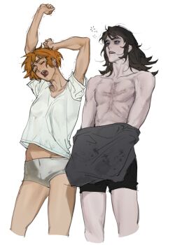 1boy 1girl abaddon_(haunted_hotel) aged_up black_shirt blue_eyes boxers brown_hair commentary_request cowboy_shot cross_scar esther_freeling haunted_hotel highres korean_commentary long_hair male_underwear orange_hair panties rickorty_08 scar scar_on_chest shirt short_hair simple_background squeans standing stretching underwear white_background white_shirt yawning