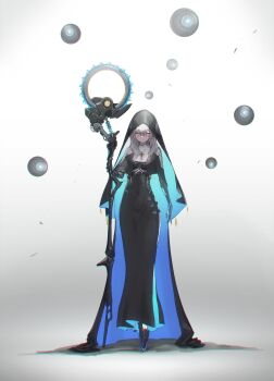 1girl absurdres black_robe cross cross_necklace dress earrings expressionless full_body grey_hair highres holding holding_staff jewelry long_hair looking_at_viewer mecha_musume necklace nun oota_youjo original pink_eyes robe robot solo staff